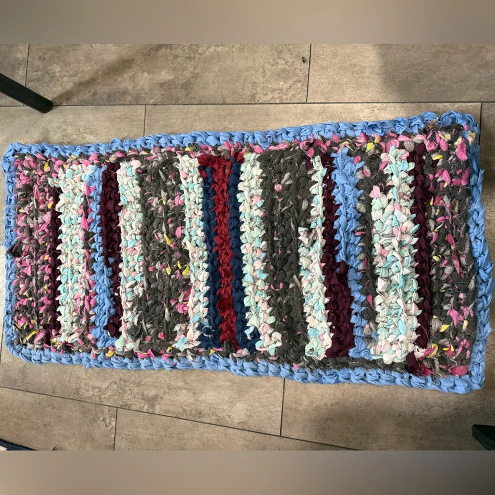 Handmade crocheted rag rug bathroom mat 36 x 17.5”